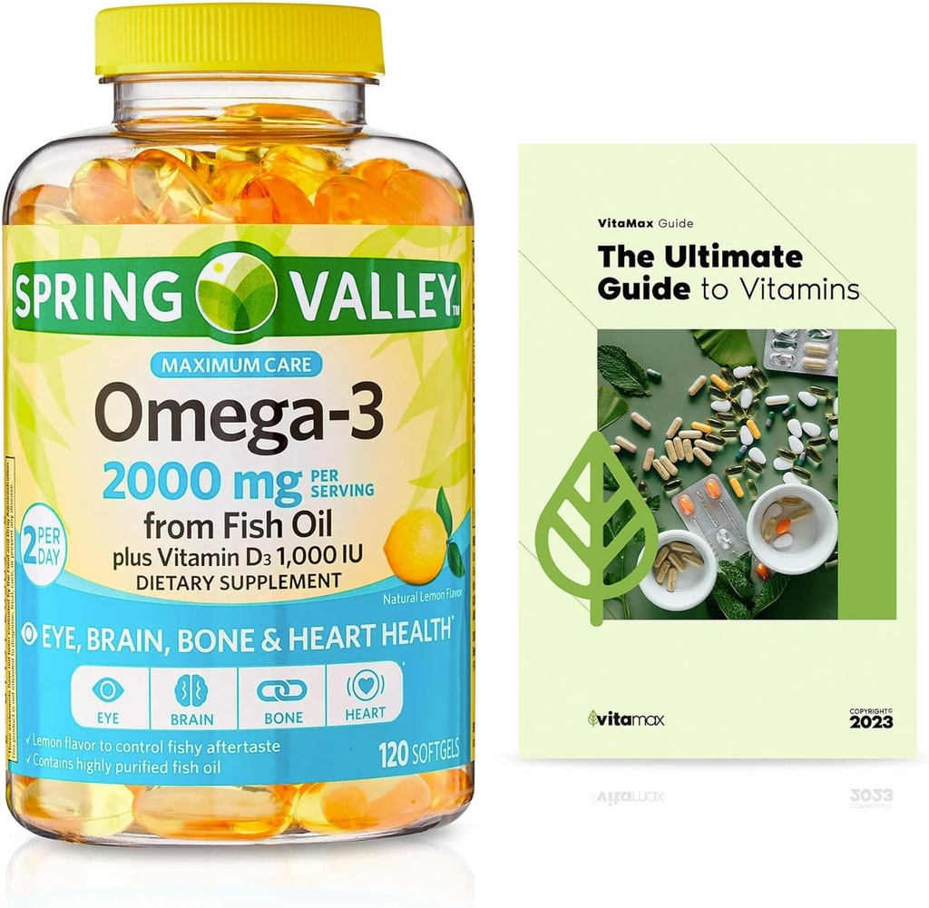 Spring Valley Omega-3 från Fish Oil 2000 mg, Maximum Care, 120 greve + Exclusive VitaMax Vitamin Guide (2 objekt)