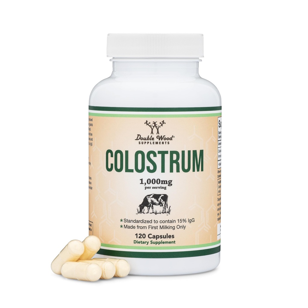 Colostrum Supplement 120 kapslar, 1000 mg per portion (Bovine Colostrum Powder från First Milking Only, Std. för att innehålla 15% IgG Immunoglobulins) Inga fillers, Tredje part testad av Double Wood