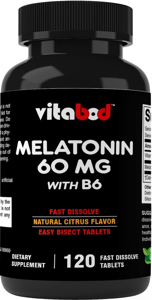 Melatonin 60 mg med vitamin B6 - 120 Snabbupplösta tabletter Extra-Strength Sleep Support - Drug-Free - Natural Citrus Flavor - Vegetarian, icke-GMO, Glutenfri