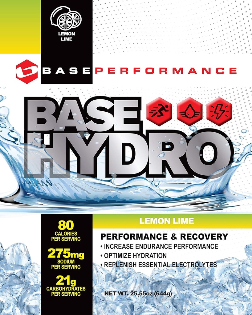 BASE Performance Hydro - Lemon Lime | 28 portioner inom varje miljövänlig mylarväska | Blend of dextrose, fruktos, maltodextrin och väsentliga elektrolyter.