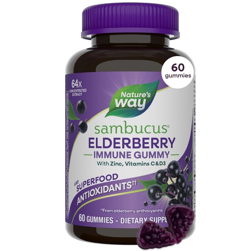 Naturens sätt Sambucus Elderberry Immune Support Gummies for Kids & Adults* med Black Elderberry Extract, Vitamin C, Vitamin D3 och Zink, 60 Gummies (Packaging May Vary)