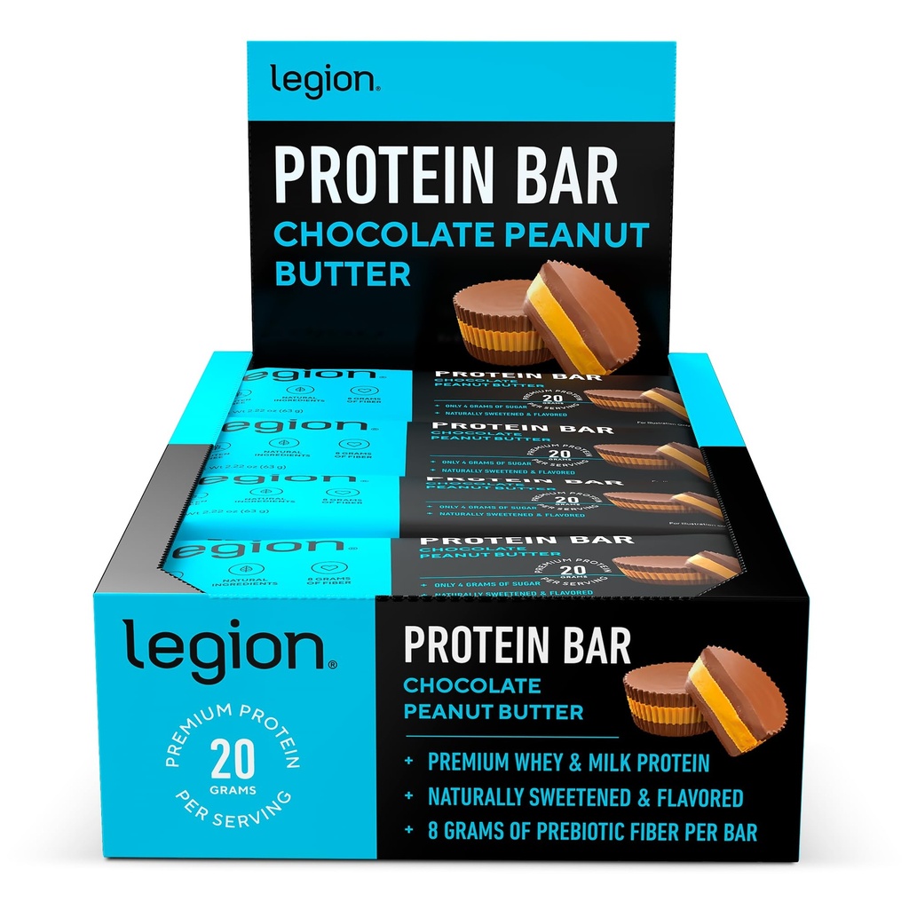 Legion Protein Bar Chocolate Peanut Butter -100% Whey Protein, Baked Bars med Prebiotic Fiber - High Protein (20g) Låg fett (12g) Låg socker (4g), No Soy, Gluten - Naturliga smaker (12 greve)
