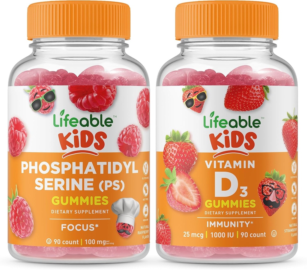 Livlig Fosfatidylserin (PS) Barn + Vitamin D Kids, Gummies Bundle - Great Tasting, Vitamin Supplement, Gluten Free, GMO Free, Chewable Gummy