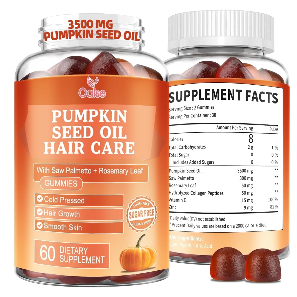 Pumpkin Seed Oil Gummies, 3500mg Per Serving, Cold Pressed, med Saw Palmetto, Rosemary Leaf, Zink, Hydrolyzed Collagen Peptides, Pumpkin Seed Oil för hårväxt, Vegan, 60 grejer