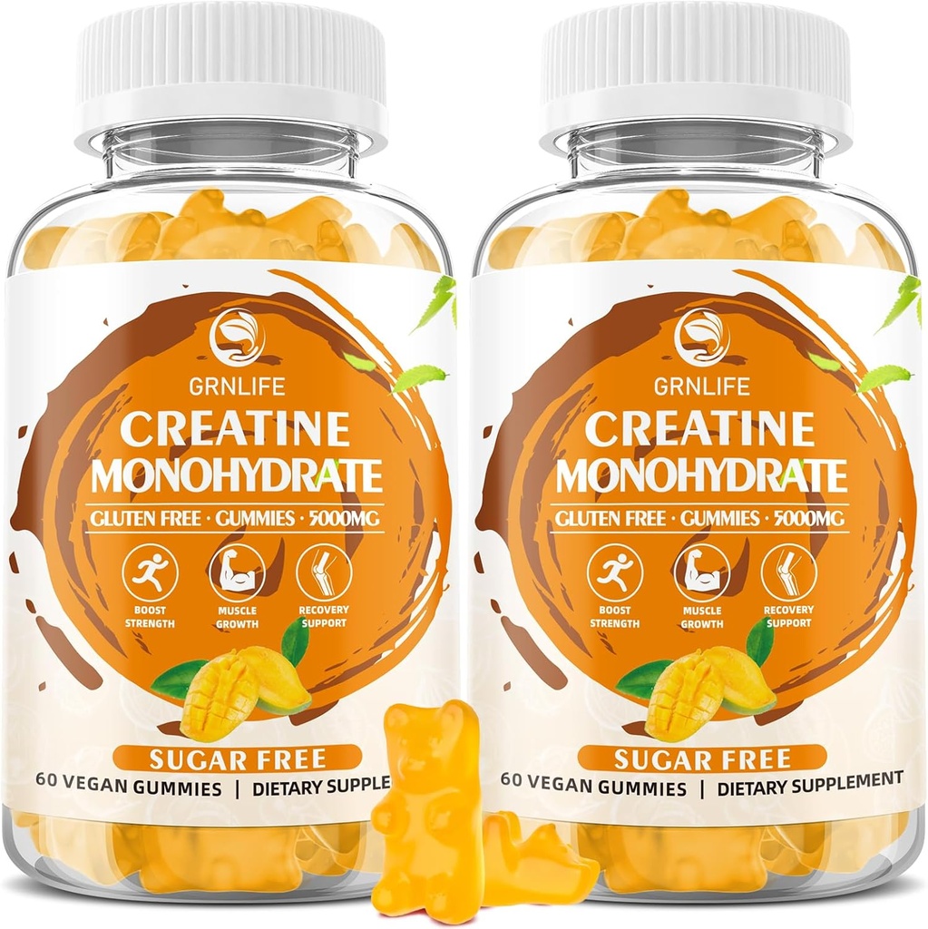 Kreatinmonohydrat Gummies för män och kvinnor, Chewables Creatine Monohydrate för muskelstyrka, muskelbyggare, energiboost, sockerfri, Vegan, Mango Flavor-120 greve