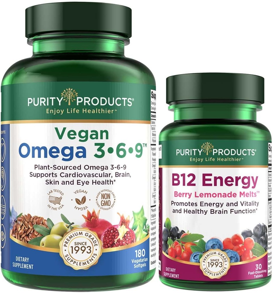 Purity Products Bundle - Vegan Omega 3-6-9 (180 ct) + B-12 Energy Melt Omega 3-6-9 ("5 i 1" Plantbaserade Omega 3 6 9 Essential Fatty Acids) - B12 Berry Melt (Methylcobalamin B12 + B6 + D3 + Mer)