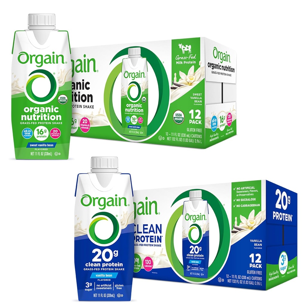 Orgain Protein Shakes Bundle - Grass Fed Whey och Milk Protein, Vanilla Flavored (12 Pack)