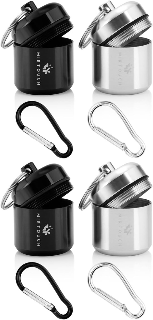 Portable Keychain Pill Holder Case för Round Glucose Tablets & Critical Medicine - Discreet Waterproof Key Chain Pill Container Carrier med starka karbiner - Aluminium Alloy Pill Fob Box - 4 Pack