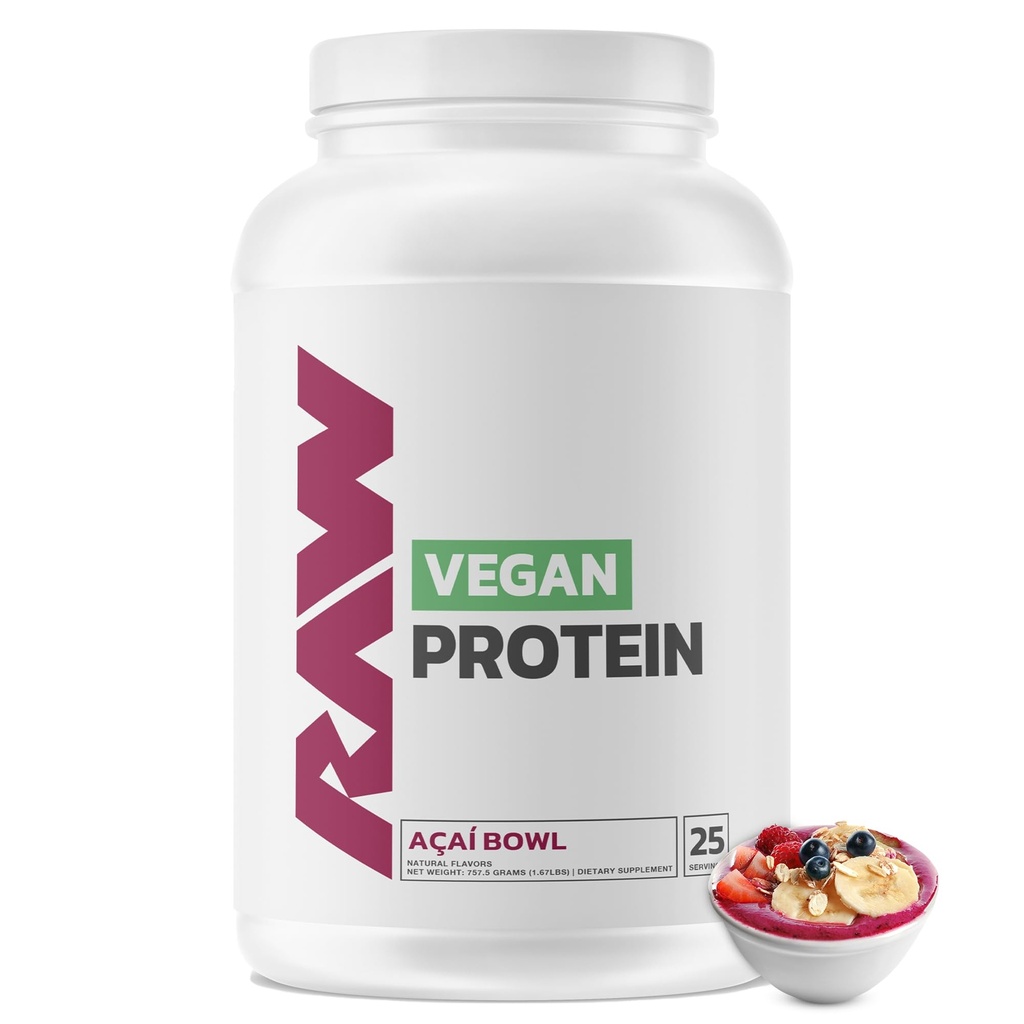 RAW Vegan Protein pulver, Acai Bowl - 20g av växtbaserade proteinpulver och befäst med vitaminer för muskeltillväxt och återhämtning - låg fett, låg carb, naturligt smaksatt och sötad - 25 portioner