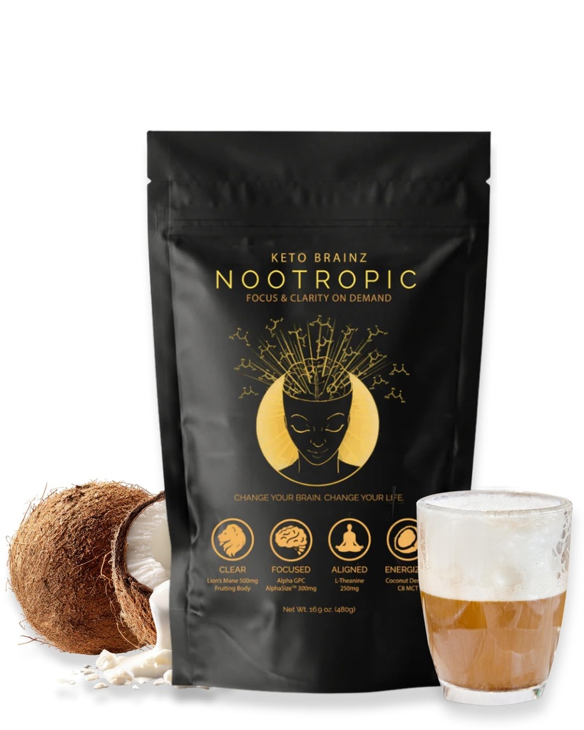Keto Brainz C8MCT Baserat Nootropic - med 500mg Lion's Mane Mushroom, AlphaGPC & L-Theanine Detta är den ultimata lätt att använda nootropisk stack & gör läckra svamp kaffe! 16oz. 30 portioner