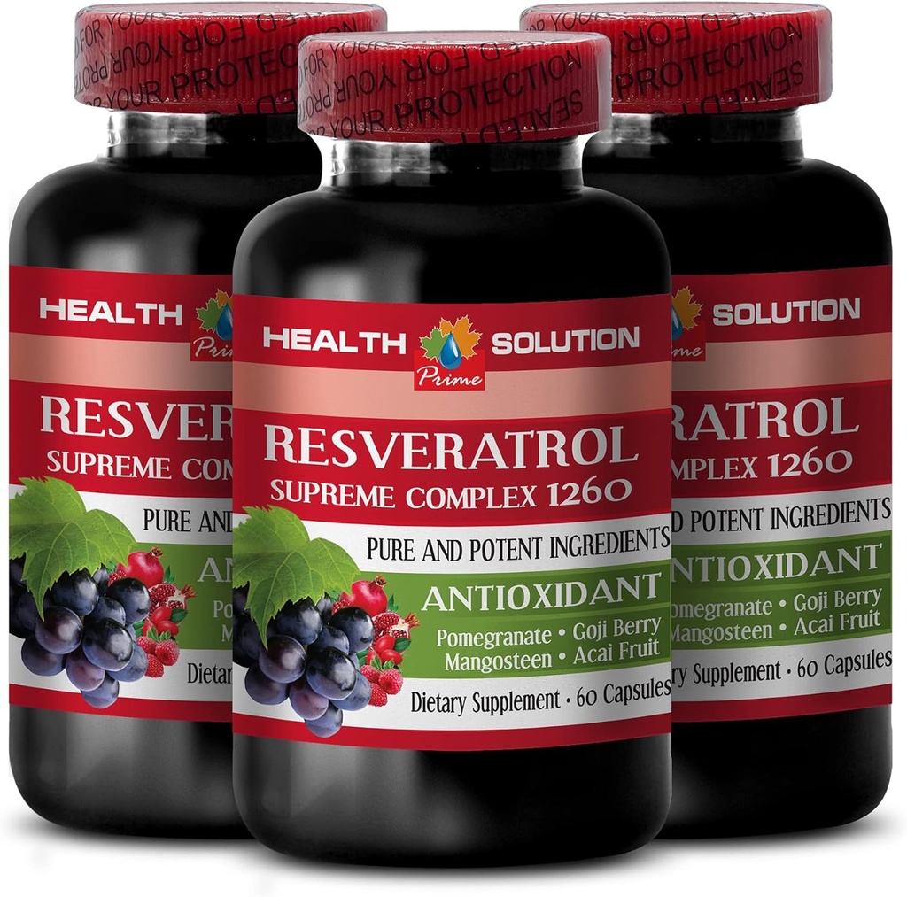 Amplify Your Natural Stamina - RESVERATROL SUPREME COMPLEX - Resveratrol Extract with Goji Berry, Acai, Noni, Pomegranate, Mangosteen, Superfruit Blend, Antioxidant, Immune Support, 3 Bot 180 Caps