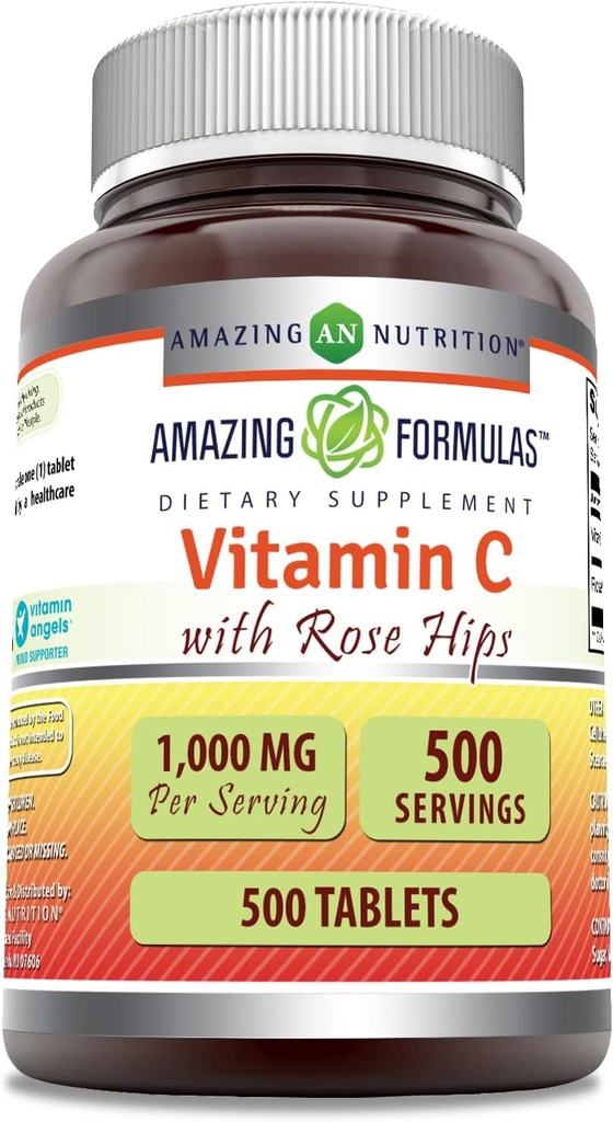 Fantastiska formler Vitamin C med Rose HIPS Supplement | 1000 Mg | Tabletter | Icke-GMO | Gluten Free | Made in USA (500 greve)