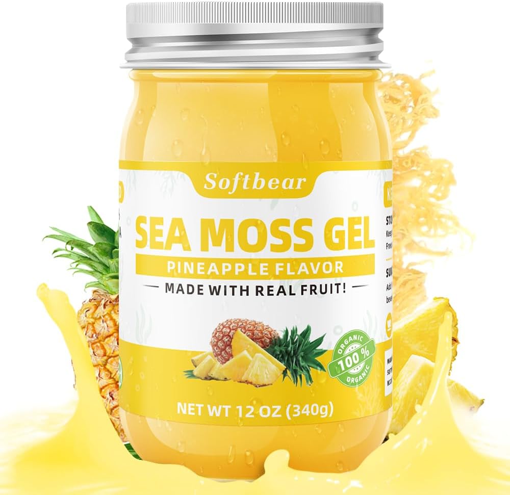 Softbear Sea Moss Gel Pineapple smaksatt 12 OZ - Wildcrafted Irish Sea Moss Gel Organic Raw 92 Mineraler och Vitaminer Non-GMO Gluten-Free Vegan Supplements Immune Thyroid Digestive Support