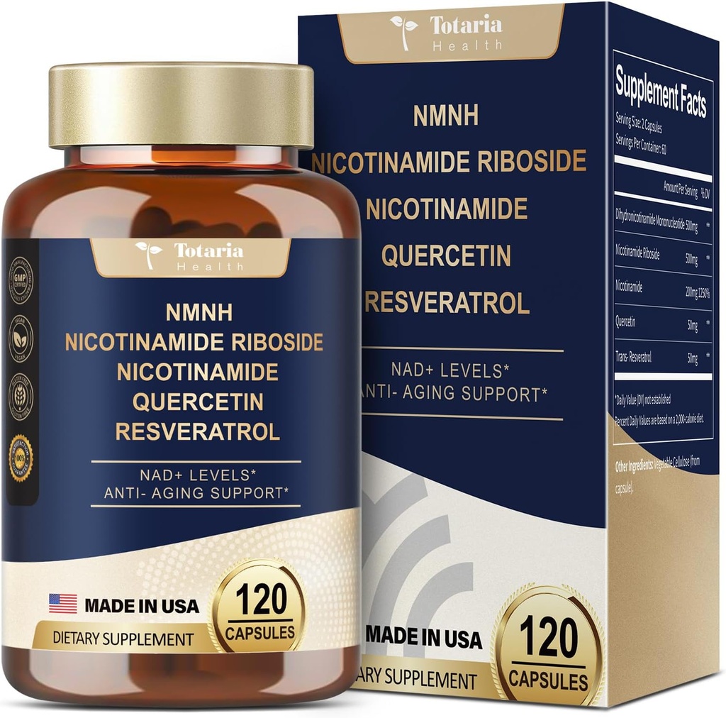 Totaria NMNH (Dihydronicotinamide Mononucleotide), NMNH Supplement w/Niacinamide (Vitamin B3), Ultimate NAD+ Nivå Booster med 500 mg NMNH