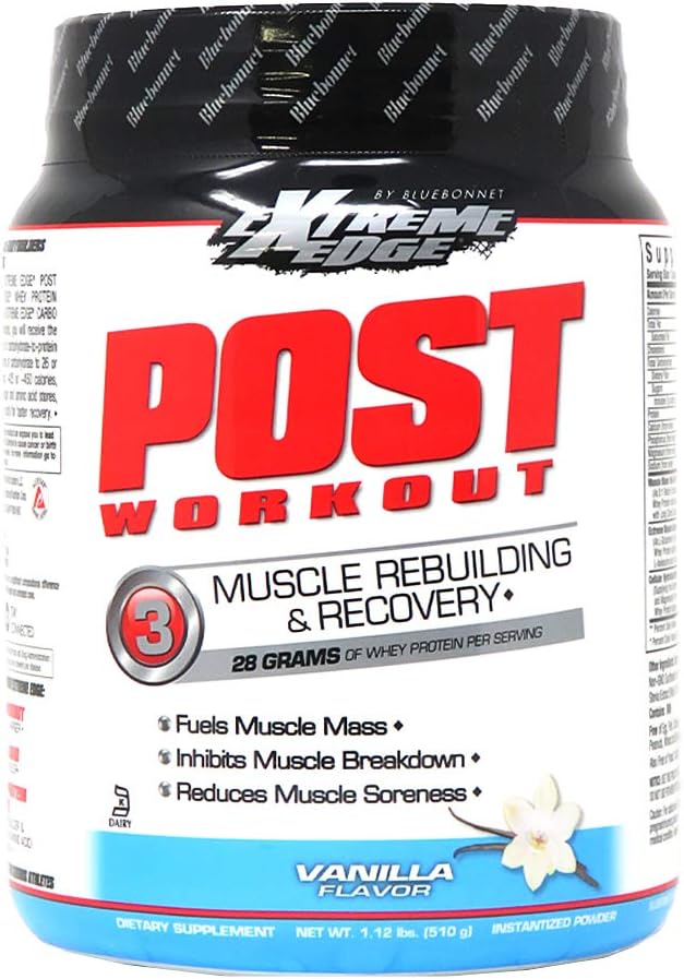 Bluebonnet Nutrition Extreme Edge Post Workout Protein Powder, Grass Fed Cows, 28 Grams of Protein, No Sugar Added, Gluten Free, Soy Free, Kosher Dairy, 1,12 lb, 12 Servings, Vanilla Flavor