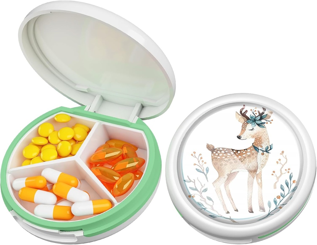 Serfeymi Small Pill Box - 3 Compartments Portable Pill Box för Purse Pocket, Compact Mini Travel Pill Case - Lämplig för medicin, Vitamin, Fish Oil, Supplements - White (Deer)