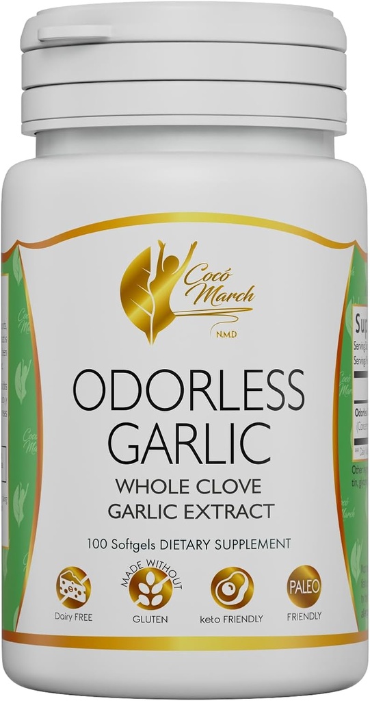 Cocó March N.M.D Odorless Garlic Oil från Whole Garlic - Immune Support & Microbiome Health. Formel fri från Gluten och Dairy, Paleo och Keto Friendly, 50 portioner