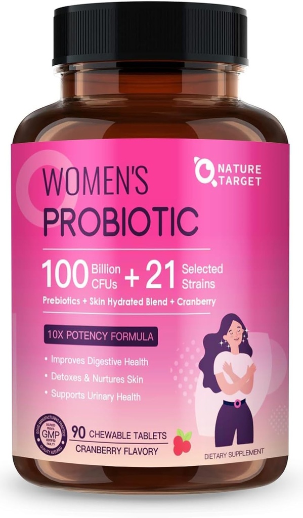 NATURE TARGET Probiotics for Women Digestive Health med 100 miljarder CFUs, Womens Probiotic for Gut Health & Immune Support, Skin Care, med Cranberry & D-mannose, 90 Chewable Tablets (45 Day Supply)