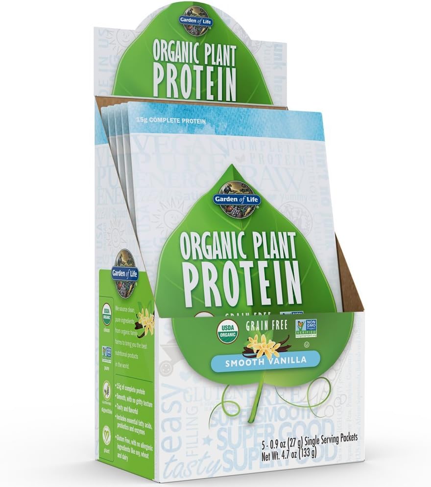 Garden of Life Organic Plant Protein Smooth Vanilla Powder - Single Serving Packets (5-Pack) - Vegan, Grain Free & Gluten Free Plant Based Protein Skaka med 1B CFU Probiotics & Enzymes, 15g Protein