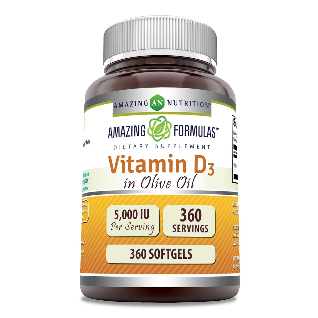 Fantastiska formler Vitamin D3 i Olivolja 5000 IE Supplement | Softgels | Non-GMO | Gluten-Free | Made in USA (1 Pack | 360 Count)