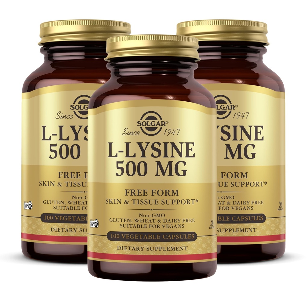 Solgar L-Lysine 500 mg - 100 vegetabiliska kapslar, Pack of 3 - Skin & Tissue Support - Icke-GMO, Vegan, Kosher, Glutenfri - 300 Totalt portioner