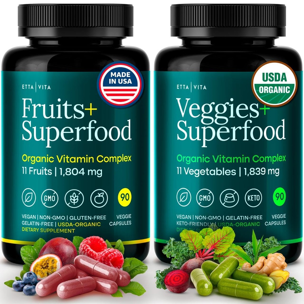 100% organiska frukter och grönsaker kosttillskott (USDA Organic - Gjord i USA) 180 potenta frukter och grönsaker kapslar för energiökning och daglig frukt och grönsaks vitaminer - Vegan, icke-GMO, Gluten-Free