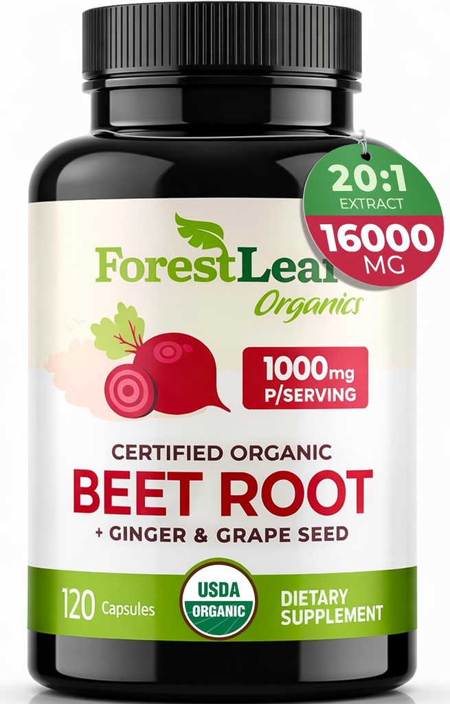ForestLeaf Organic Beet Root Capsules - Beetroot Supplement 16000mg Styrka 20:1 Extract Pills w / Ginger Grape Seed | Stöd Blodtryck, Nitric Oxide, Flow, Circulation | Beets Powder - 120 Caps