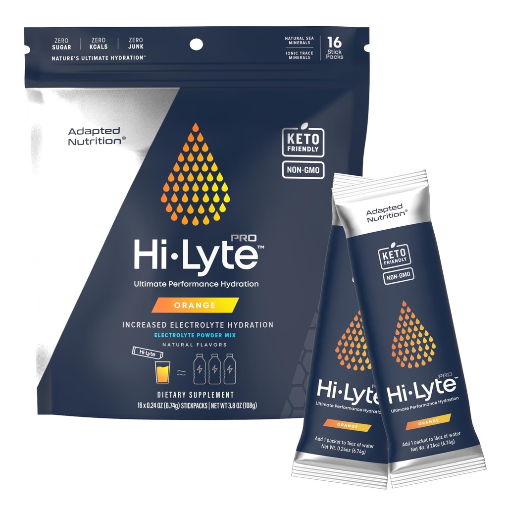 Anpassad Nutrition Hi-Lyte Pro Hydration Packets - 16 Individuella Drink Packets | Orange | smaksatt Electrolyte Powder | Sugar-Free, Zero Carb, Zero Calorie