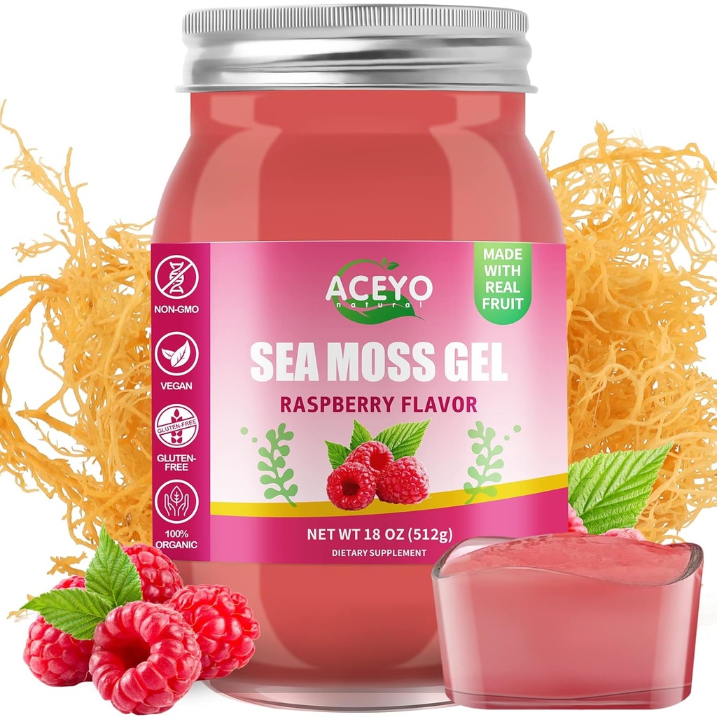 ACEYO (18 OZ) Irländska Sea Moss Gel Organic Raw Vegan Raspberry Flavor 102 Vitaminer och Minerals Wild Harvested Non-GMO Immune Defense Booster Thyroid Digestive Support