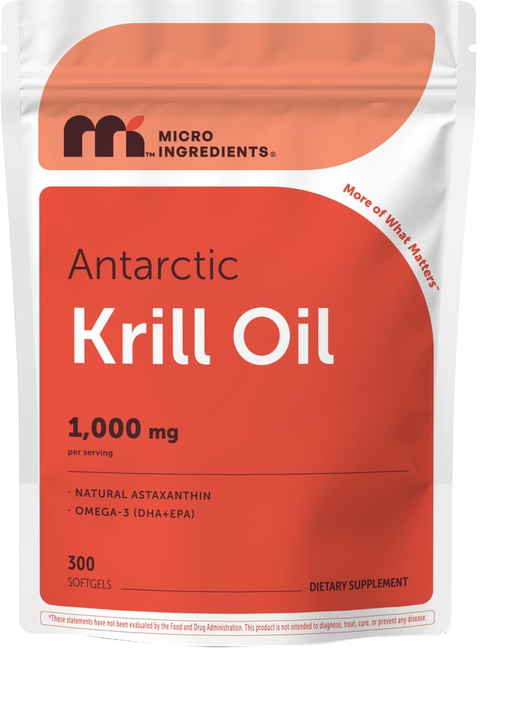Micro Ingredients Antarctic Krill Oil Supplement, 1000mg Per Serving, 300 Soft-Gels, Rich i Omega-3s EPA, DHA & Natural Astaxanthin, Stöder Immune System & Brain Health, Lätt att Svälja