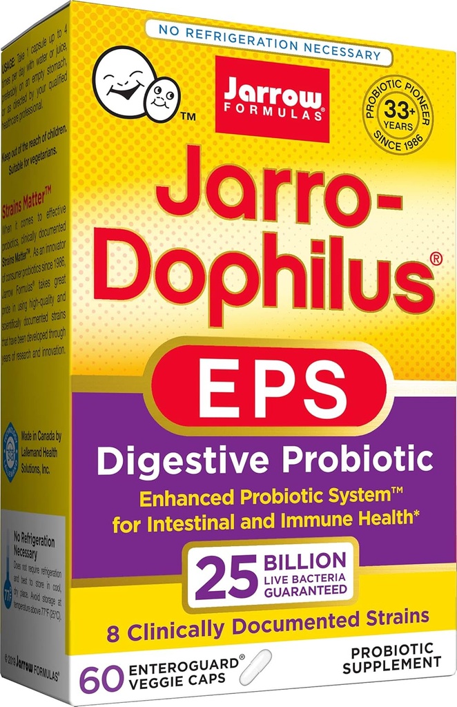 Jarrow Formulas Jarro-Dophilus EPS Högre styrka, 25 miljarder celler per Veggie kapslar, stöder gastointestinal hälsa, 60 greve (Cool Ship, Pack of 2)