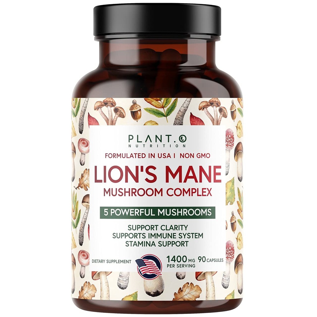 Plant.O Premium Lion's Mane Supplement, All Natural Nootropics Brain Supplement, 5 Mushroom Complex - Lion's Mane, Reishi, Chaga, Maitake, Shiitake för immunitet, Fokus, Mood & Memory Boost, 90 Caps