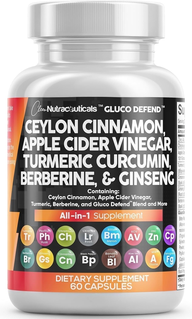 Clean Nutraceuticals Ceylon Cinnamon Capsules + Berberine Turmeric Apple Cider Vinegar Ginseng Bitter Melon Gymnema Milk Thistle Fenugreek Supplement Pills Powder for Men & Women