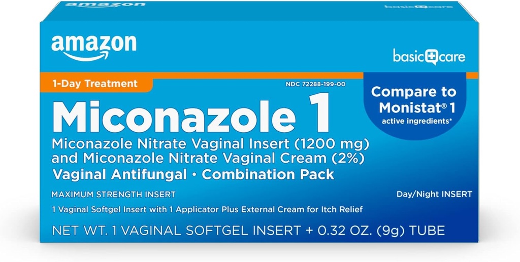 Grundläggande vård Miconazole Nitrate Vaginal Insert 1200 mg och Miconazole Nitrate Cream 2 Combination Vaginal Yeast Infection, White, 0.32 Ounce (Pack of ), 1 Count