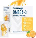 Coromega Omega 3 Fish Oil Supplement with Additional Vitamin D3, 650mg of Omega-3s with 3X Better Absorption Than Softgels, Tropical Orange Flavor, 30 Single Serve Squeeze Packets