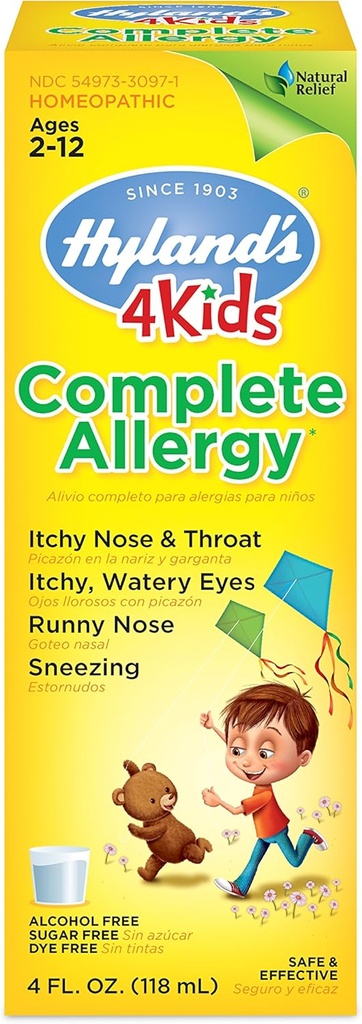 Hyland's Kids Allergy Medicine by 4Kids Non Drowsy Childrens Complete Allergy Relief Syrup Safe and Natural for Indoor Outdoor Packaging May Vary, One Color, 4 Fl Oz