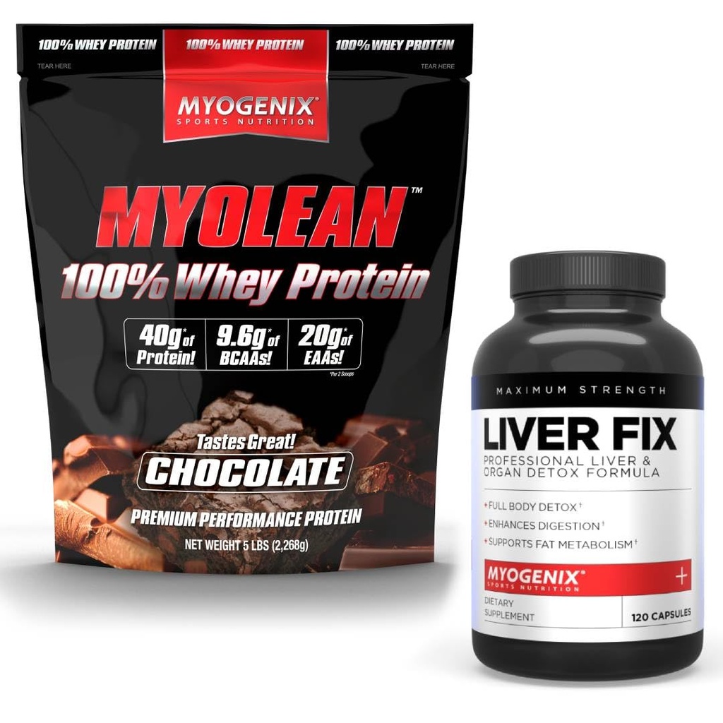 Myogenix Liver Support Supplement & Myolean Chocolate Whey Protein – Advanced Liver Health & Muscle Recovery med 40g High-Protein Whey – Stöd Detox, Tillväxt & Prestanda