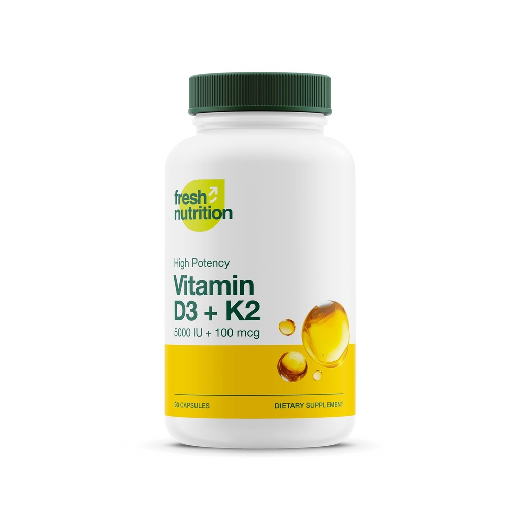 Färsk näring Vegan vitamin D3 + K2 kapslar - 5000 IE D3 + 100mcg K2 som MK-7 för optimal absorption - Immunhälsa, benhälsa, humör - icke GMO - 90 kapslar, 3 månaders leverans