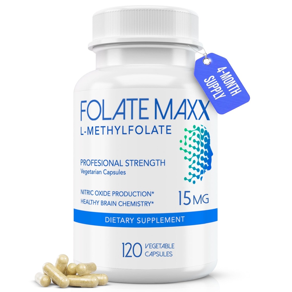 FolateMaxx L-Methylfolate 15mg, 120 kapslar - Doktor Formulerad Methyl Folate Supplement för kvinnor och män - High Potency 5-MTHF för energi, humör och fokus - Icke-GMO, glutenfri (4-månaders leverans)