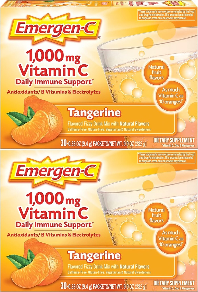 Emergen-C 1000mg Vitamin C-pulver, med antioxidanter, B-vitaminer och elektrolyter, vitamin C-tillskott för immunstöd, koffeinfri dryck Mix, Tangerine smak - 60 greve / 2 Månadsförsörjning