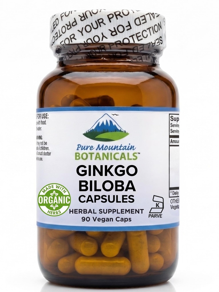 Pure Mountain Botanicals Ginkgo Biloba Capsules - 400mg - 90 Count - Organic Herbs, Vegan, Kosher - Herbal Leaf Supplement