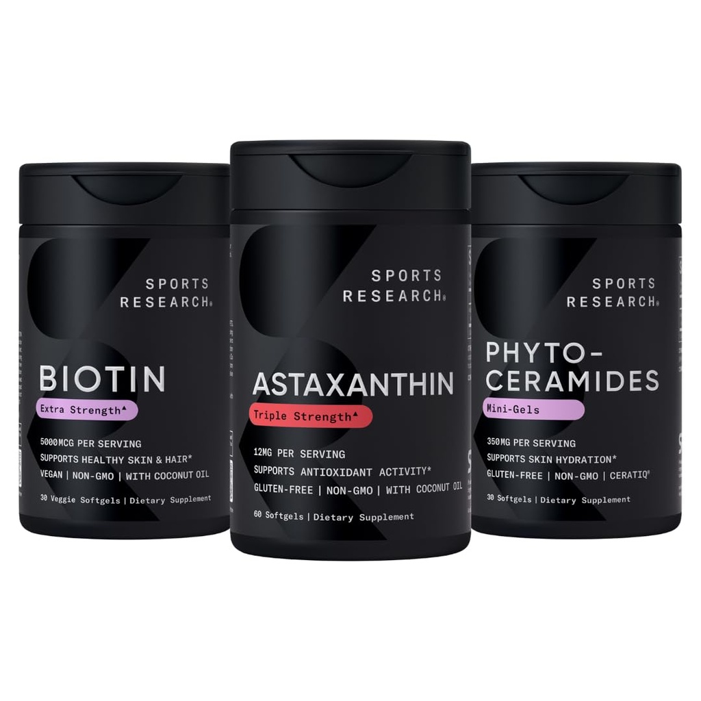 Sports Research® Healthy Skin and Hair Support - Vegan Biotin 10.000mcg med Coconut Oil, Triple Strength Astaxanthin 12mg och Phytoceramides 350mg per Softgel · Non-GMO · Vegan · Gluten-Free