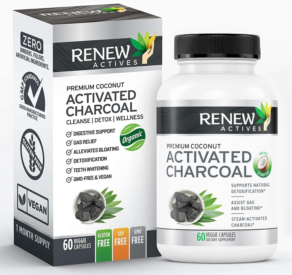 Renew Actives Activated Charcoal Supplement 1100MG per 2 kapslar - Digestive Support & Teeth Whitening Formel, Inga artificiella ingredienser - Tillverkad i Kanada - 60 kapslar