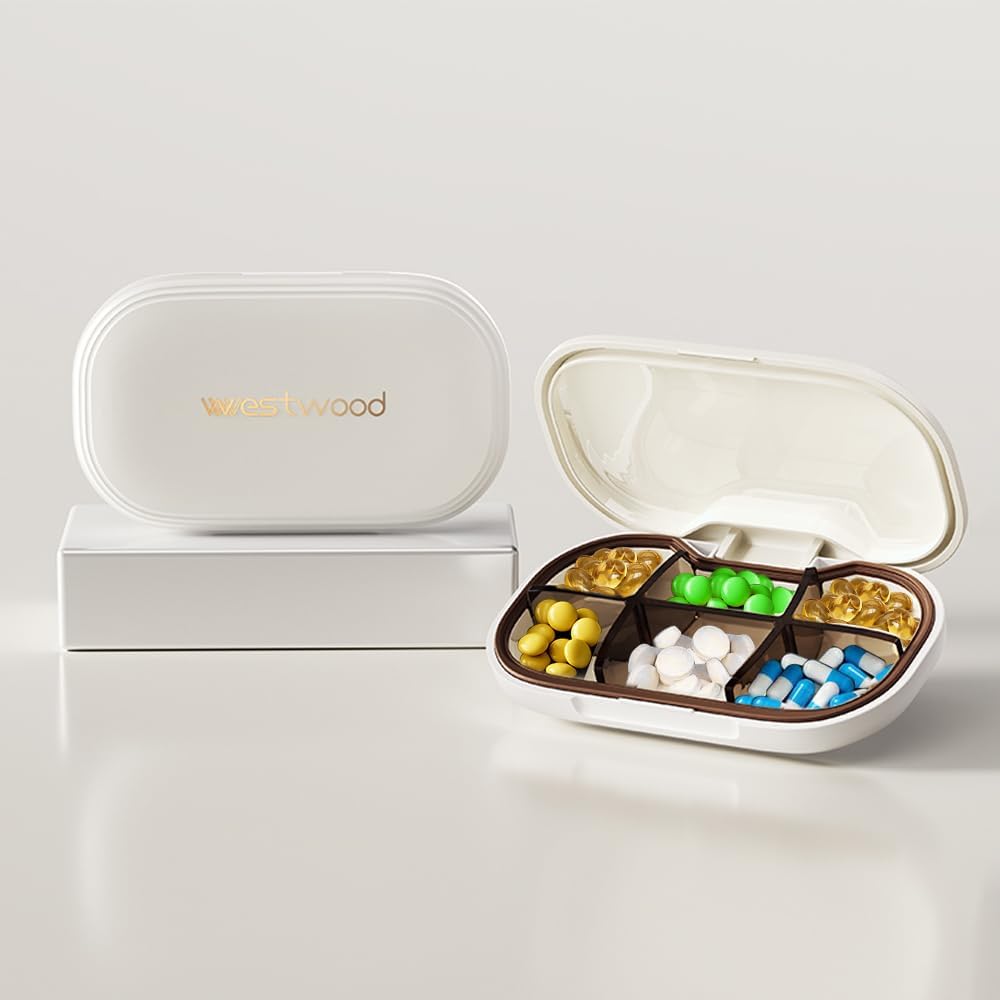 Små piller fall med 6 Compartments, Delicate Daily Pill Box för väska, Pill Organizer Pill Container Pill Holder för vitaminer, fiskolja, tillägg och mediciner (vita)