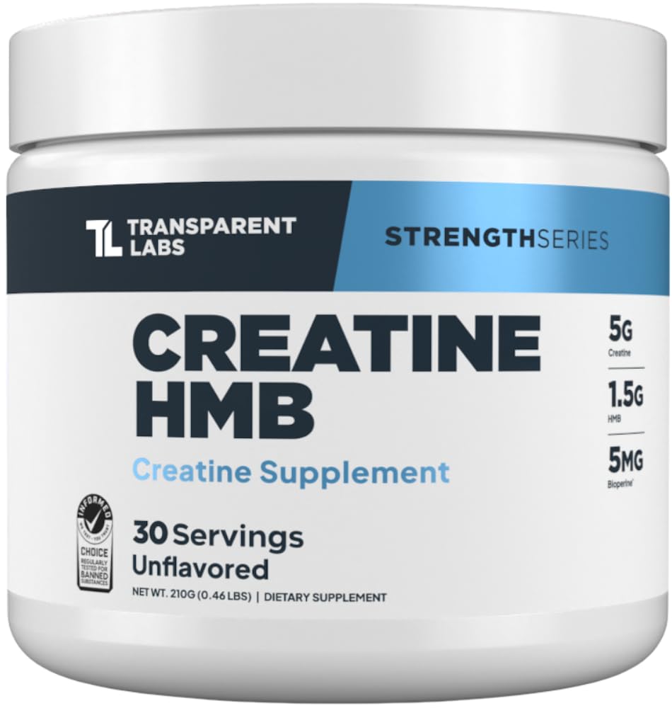 Transparent Labs Creatine HMB - Kreatinmonohydratpulver med HMB för muskeltillväxt, ökad styrka, förbättrad energiproduktion och förbättrad atletisk prestanda - 30 portioner, osmakad