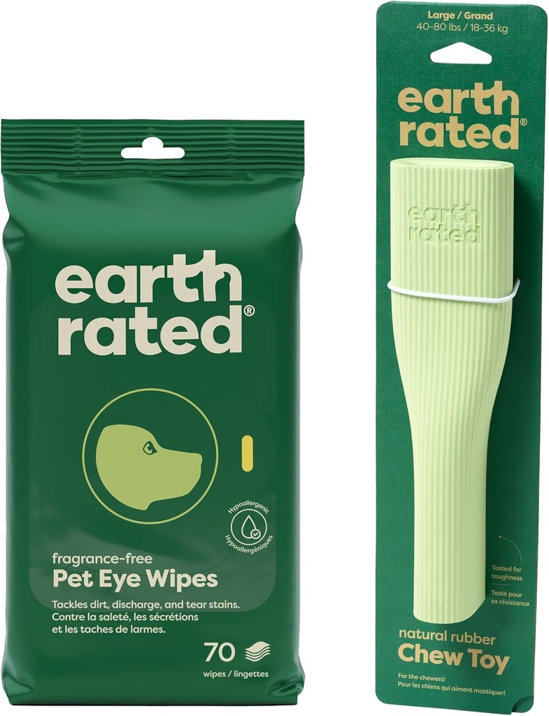 Earth Rated Clean & Calm Bundle - Inkluderar 70 Fragrance-Free Pet Eye Wipes och 1 Large Enrichment Toy
