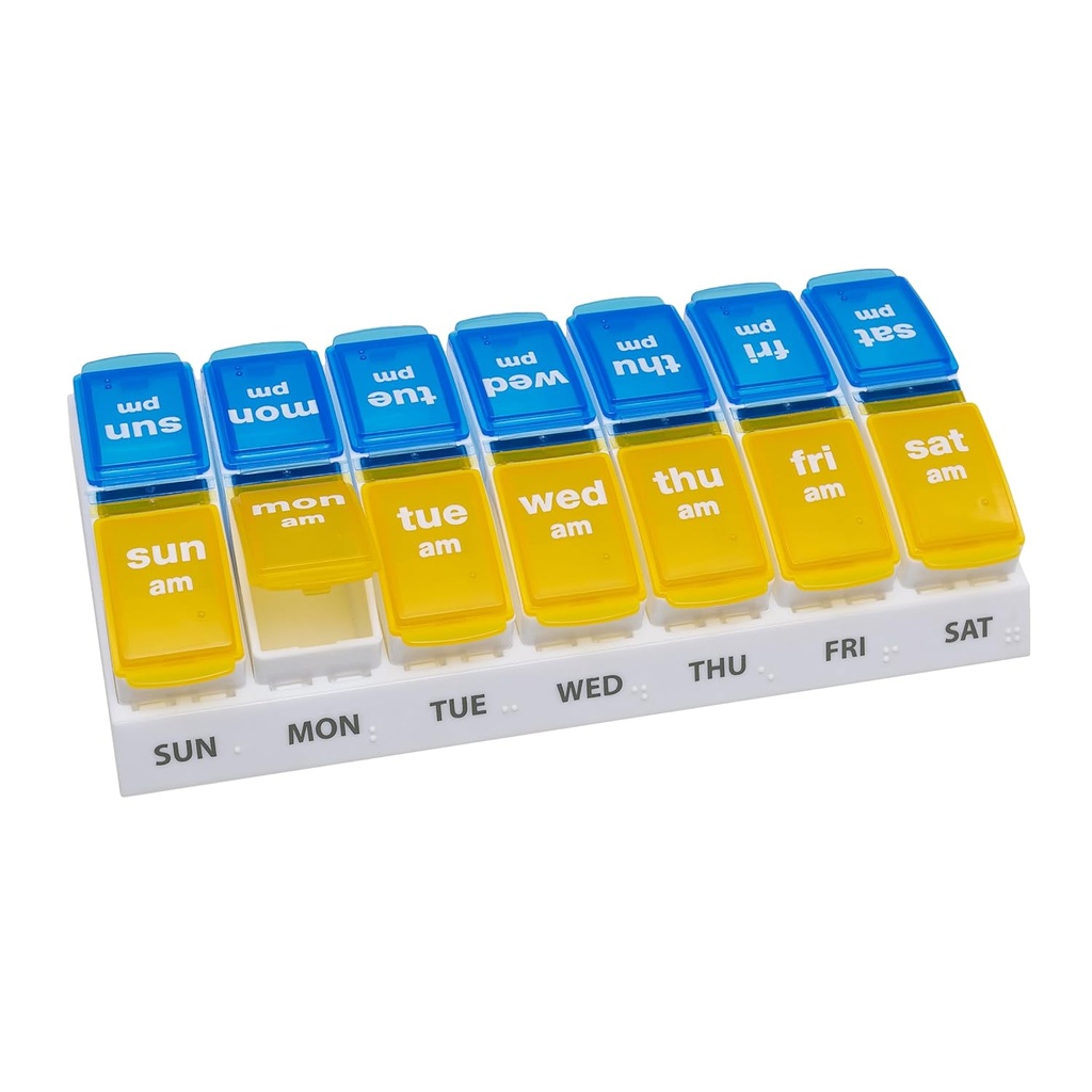 EZY DOSE Weekly AM / PM Pill Organizer, 7-dagars Vitamin och Medication Box med stora Pop-Out Compartments, 2 gånger per dag Pill Holder för enkel dosering, gula och blå lock, resevänlig design