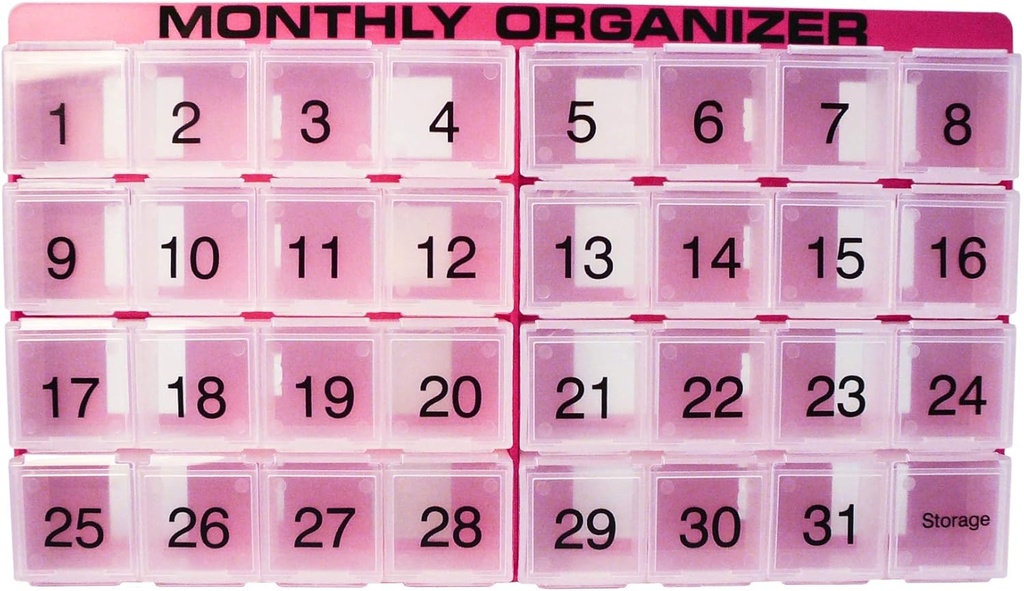 31 Day Pill Organizer | 1 per dag, 4 veckor, 31 Compartments + Storage Monthly Pill Organizer | Inkluderar bricka och 8 Avtagbara fack