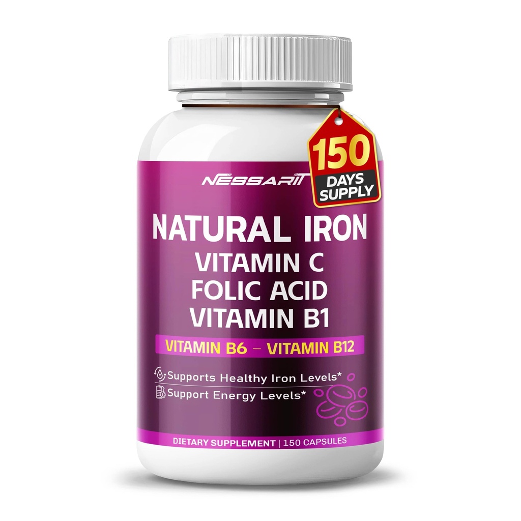Organisk järnhög styrka med vitamin C, folsyra - högabsorptionsformel Vitamin B1, vitamin B6, vitamin B12 - Stöd Blodbyggnad - 150 greve - Made & Testad i USA