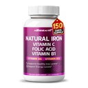 Organisk järnhög styrka med vitamin C, folsyra - högabsorptionsformel Vitamin B1, vitamin B6, vitamin B12 - Stöd Blodbyggnad - 150 greve - Made & Testad i USA